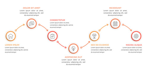 Business workflow infographic template with seven steps connected by arrows