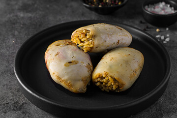 squid stuffed with rice on a dark background