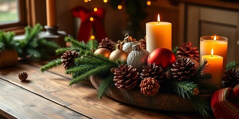 A rustic wooden table holds ornaments, pine cones, evergreen branches, and candles, bathed in soft, warm light, holiday season, green