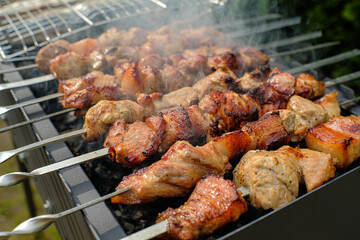 Shashlik, barbecue. Meat is cooked on skewers and on coals. Delicious photo, meat with a piquant crust surrounded by aromatic smoke.