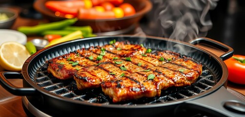 A sizzling tabletop grill cooking marinated steak, kitchen, table cooking