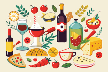 Colorful Flat Design Assortment of Food and Drink Items