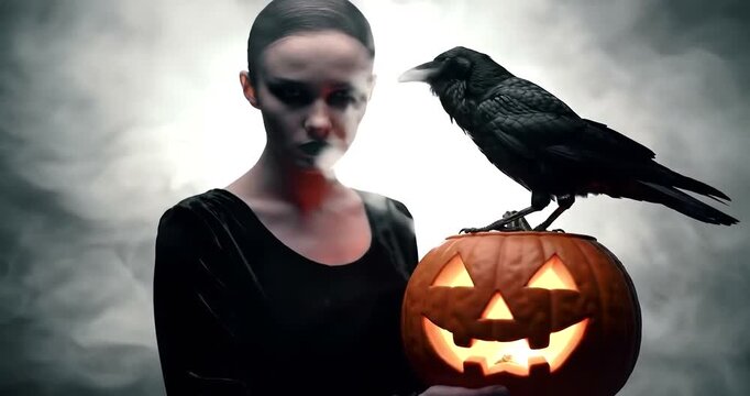 A woman in black with a smoking cigarette stands next to a carved pumpkin with a crow perched on top, evoking a spooky Halloween atmosphere.