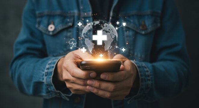 Man Using Smartphone with Digital Healthcare Hologram, Global Health, Medicine, Telemedicine Concept