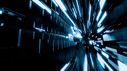 3D rendering of glowing blue cube tunnel.