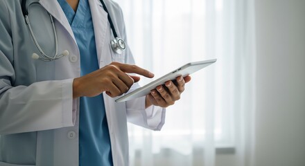 Doctor in white coat uses tablet computer indoors, medical technology and healthcare concept.