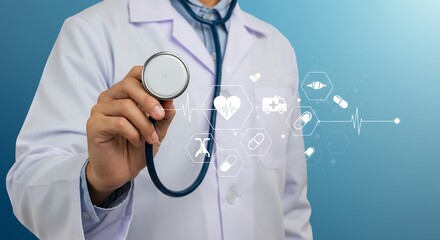 Doctor Holding Stethoscope with Medical Icons Overlay - Healthcare and Medical Technology Concept