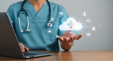 Healthcare professional using laptop with cloud technology concept, telemedicine and digital medicine