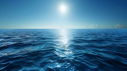 Obraz premium Bright sun casts shimmering reflections on the deep blue ocean surface extending calmly towards the vast horizon.