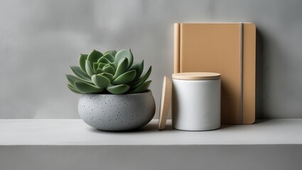 Fototapeta premium A minimalist still life arrangement features a succulent in a speckled grey pot, alongside a muted beige notebook and a simple white canister with a light wood lid.