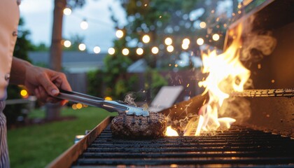 Unrecognizable person grilling a beef patty on a flaming barbecue during a festive backyard cookout at twilight