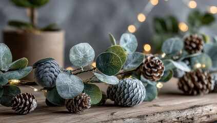 Festive garland of eucalyptus and pine cones