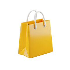 3d icon of a vibrant yellow shopping bag with white handles, isolated on transparent background, representing retail therapy and consumerism