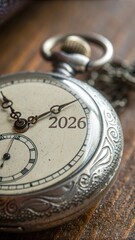 Fototapeta premium Engraved pocket watch reveals intricate craftsmanship and timeless design from a bygone era, showcasing the year 2026