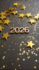 Shimmering celebration with scattered gold foil stars and 2026 sign marking an eventful year ahead