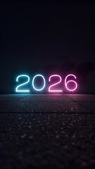 Bright neon numbers illuminate the dark background, signaling the arrival of a new year in the vibrant 2026 countdown