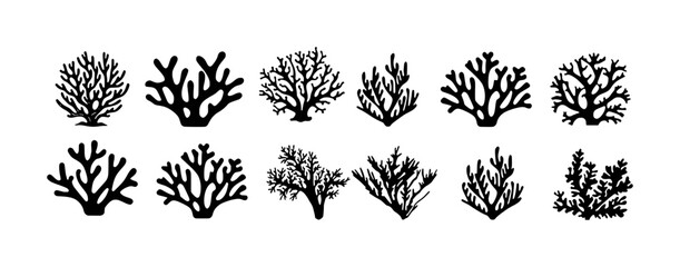 Collection of Black Silhouette Coral Illustrations on White Background