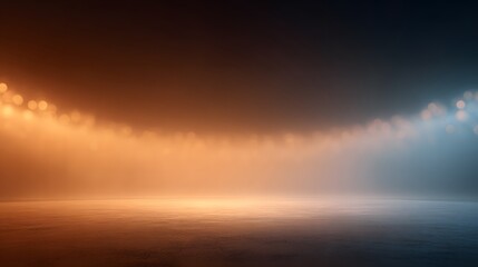 Blur interior Pitch arena captured from the interior of a floating promotional drone camera array, warm amber and neon-blue palette