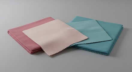 Three microfiber cleaning cloths in pink, beige, and blue, arranged on a gray surface for commercial usage and mockup