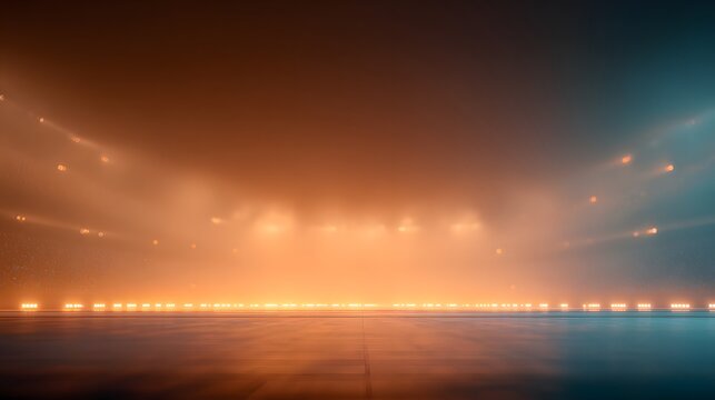 Blur interior Pitch arena captured from the interior of a floating promotional drone camera array, warm amber and neon-blue palette