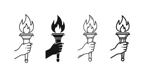 Hand Holding Flaming Torch Vector Icons Set. Line Art and Silhouette Symbols for Sports, Victory, and Enlightenment.