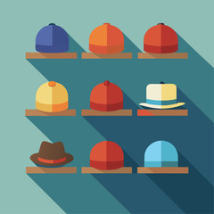 A display of hats with a variety of colors and styles. The hats are arranged on a wooden table, and there are several of them in different sizes and colors