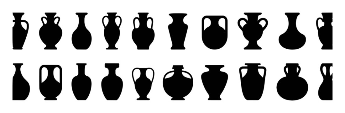 Collection of Black Silhouettes of Ancient Greek Amphorae and Vases