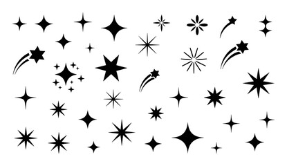 Collection of Black Star Sparkle and Shooting Star Icons on White Background