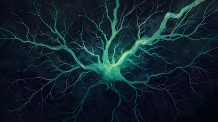 Abstract glowing neuron with intricate branching dendrites and axon in dark background