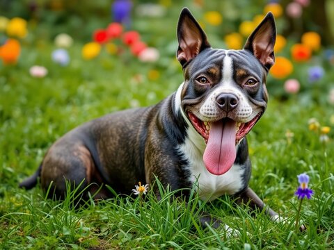 Blue Staffy in Czech Garden - Springtime Joy