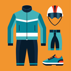 A blue jacket, blue pants, and blue shoes are shown on a yellow background. The outfit is designed for winter sports and is meant to be worn by a person who enjoys skiing or snowboarding