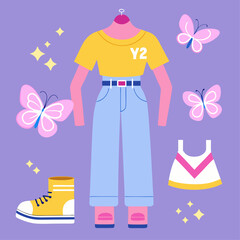 A cartoon drawing of a girl wearing a yellow shirt and blue jeans. The girl is wearing pink shoes and has a bow on her head. The drawing is colorful and playful, with a focus on the girl's outfit