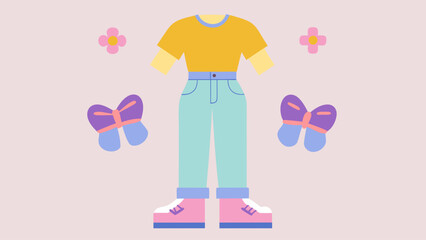 A cartoon drawing of a girl wearing a yellow shirt and blue jeans. The girl is wearing pink shoes and has a bow on her head. The drawing is colorful and playful, with a focus on the girl's outfit