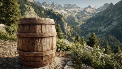 Fototapeta premium Wooden barrel on mountaintop. Lush valley view
