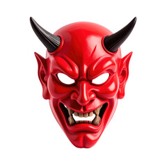 A red demonic mask with large horns and sharp teeth, featuring a fierce and intimidating expression, set against a transparent background. Perfect for Halloween decorations and spooky design projects.