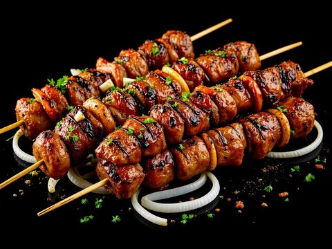 Delicious Shish Kebab with Onions - Isolated on Dark Background