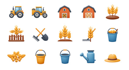 A comprehensive set of 3D farming and agriculture icons representing rural life, harvest season, and farm equipment like tractors and barns