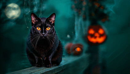 Cinematic Halloween portrait: black cat with glowing amber eyes under moonlight and spider webs, jack-o’-lantern bokeh behind. Dark teal scene ideal for spooky seasonal posters and ads.