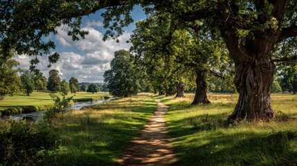 Sunlit path through parkland, lined with ancient trees