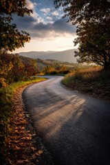 Naklejka premium Winding asphalt road passing through colorful autumn trees in the mountains during a beautiful sunset