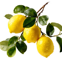 Fresh Delicious Lemons on Branch with Green Leaves