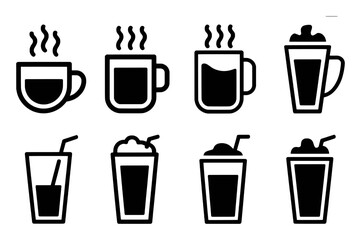 Collection of Hot and Cold Beverage Icons: Coffee, Tea, and Frappuccinos