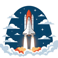 Fototapeta premium Pixel Art of Space Shuttle Launching into Starry Sky with Fluffy Clouds in Dark Blue Background