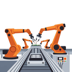 Automated Robotic Arm Assembling Electronic Components On Assembly Line With Gray Conveyor Belt and A White Car In A Modern Factory