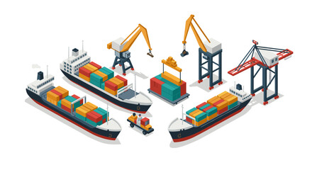 Obraz premium Isometric shipping port with cargo ships and cranes