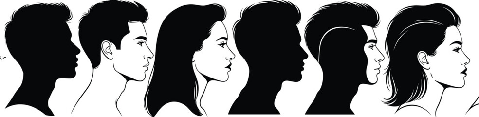 Stylized male and female head profiles in silhouette and detailed line art, alternating black and white vector illustration for design projects