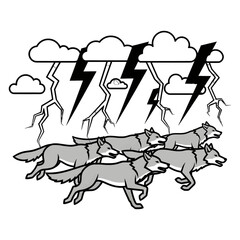 Fototapeta premium Pack of Wolves Running Under Lightning Storm in Grayscale Graphic Illustration