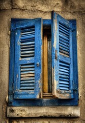 Aged blue shutters on a weathered wall