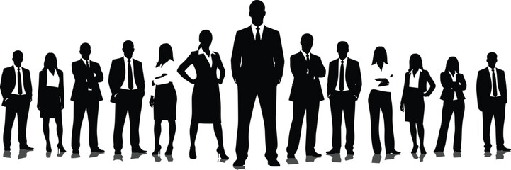 Silhouettes of diverse business professionals in formal attire standing together, vector illustration for corporate teamwork, leadership, diversity, and professional workplace themes