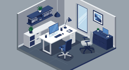 Obraz premium Modern isometric home office workspace with desk and computer setup